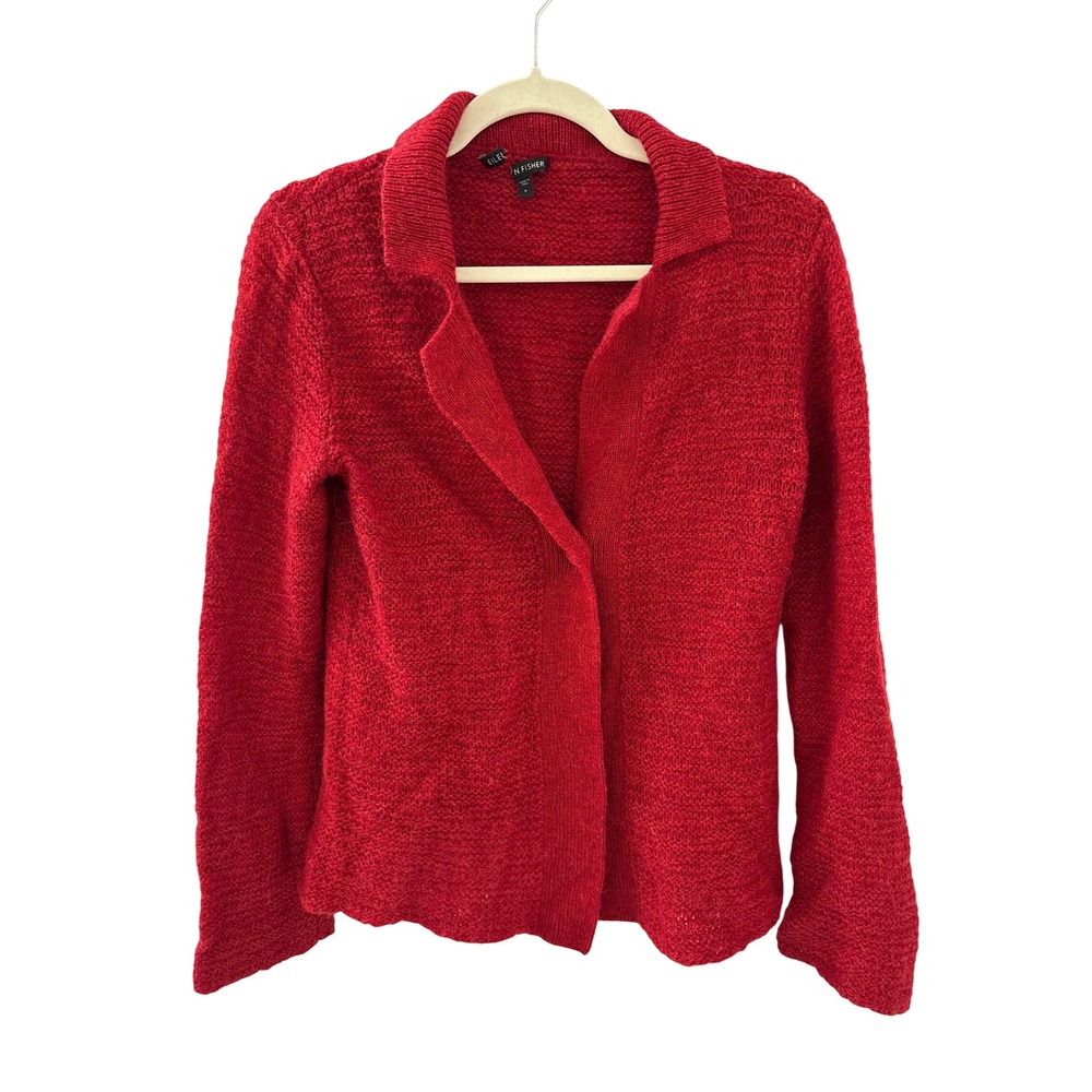 Eileen Fisher Red Alpaca Blend Knit Button Front Cardigan Sweater Small Boho
